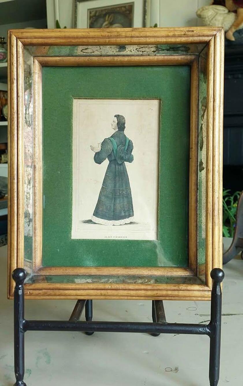 Antique 1835 French Costume Print Alain Chartier Verre Eglomise Shadowbox